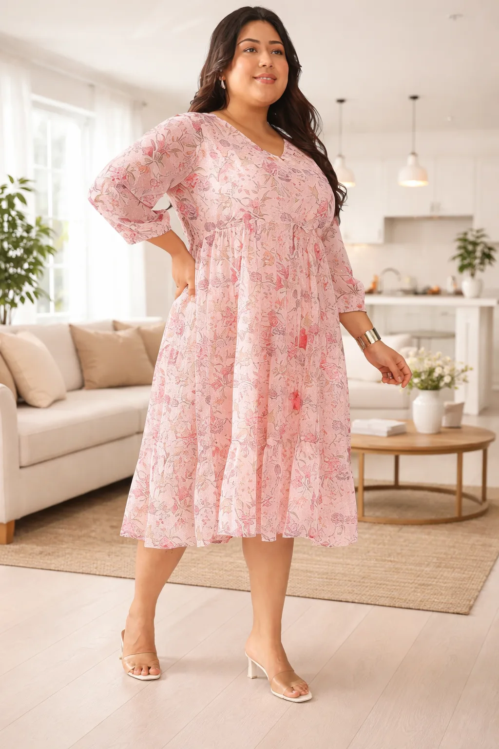 Women's Plus Size Pink Georgette Floral Printed Tiered Dress 