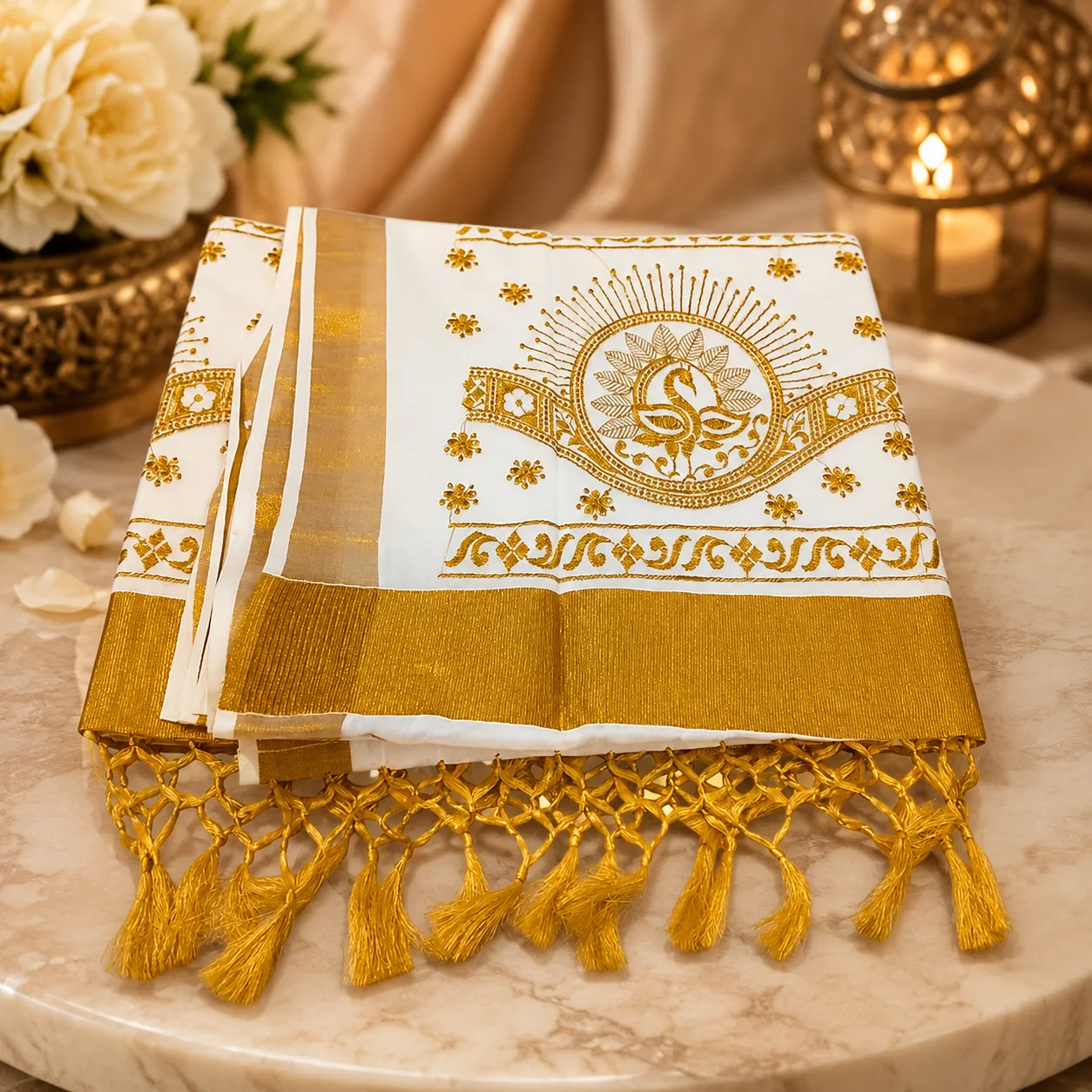 Off-White Kerala Kasavu Cotton Onam Saree with Golden Swan Motif Pallu & Tassels