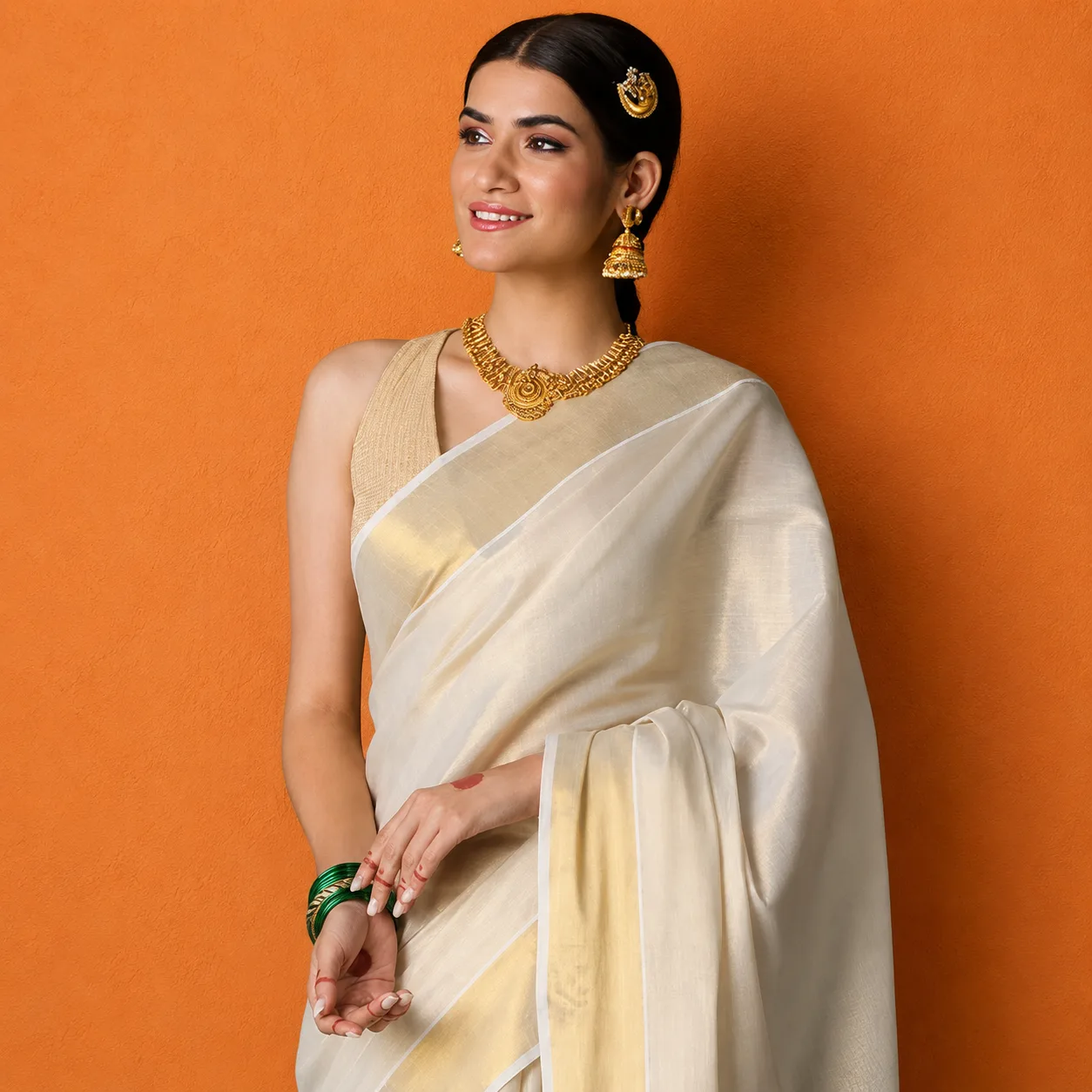 Kerala Kasavu Golden Tissue Plain Saree with Running Blouse