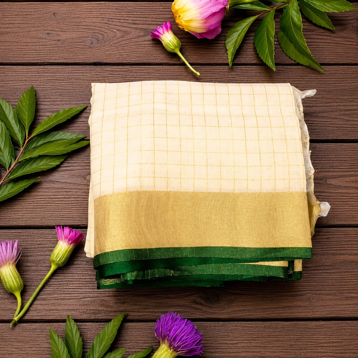 Traditional Kerala Kasavu Style White And Gold Checked Saree With Contrast Blouse